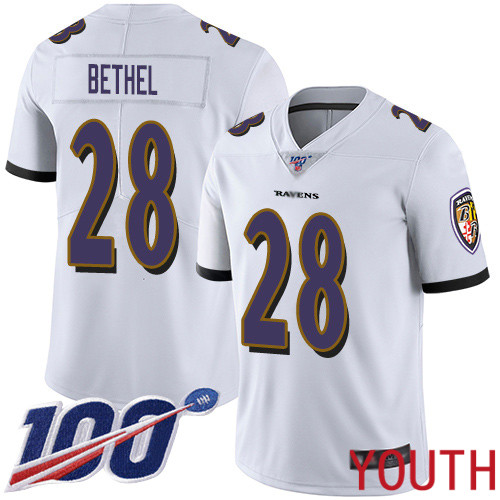 Baltimore Ravens Limited White Youth Justin Bethel Road Jersey NFL Football #28 100th Season Vapor Untouchable